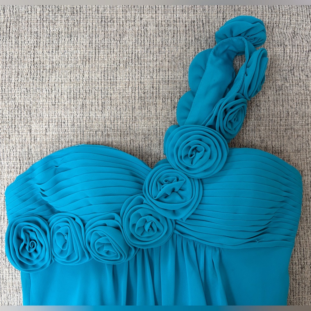 Teal One Shoulder Rosette Floor Length Dress Size 0